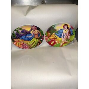 Precedio Hawaiian Girl Oval Plates Luau Flowers Melamine